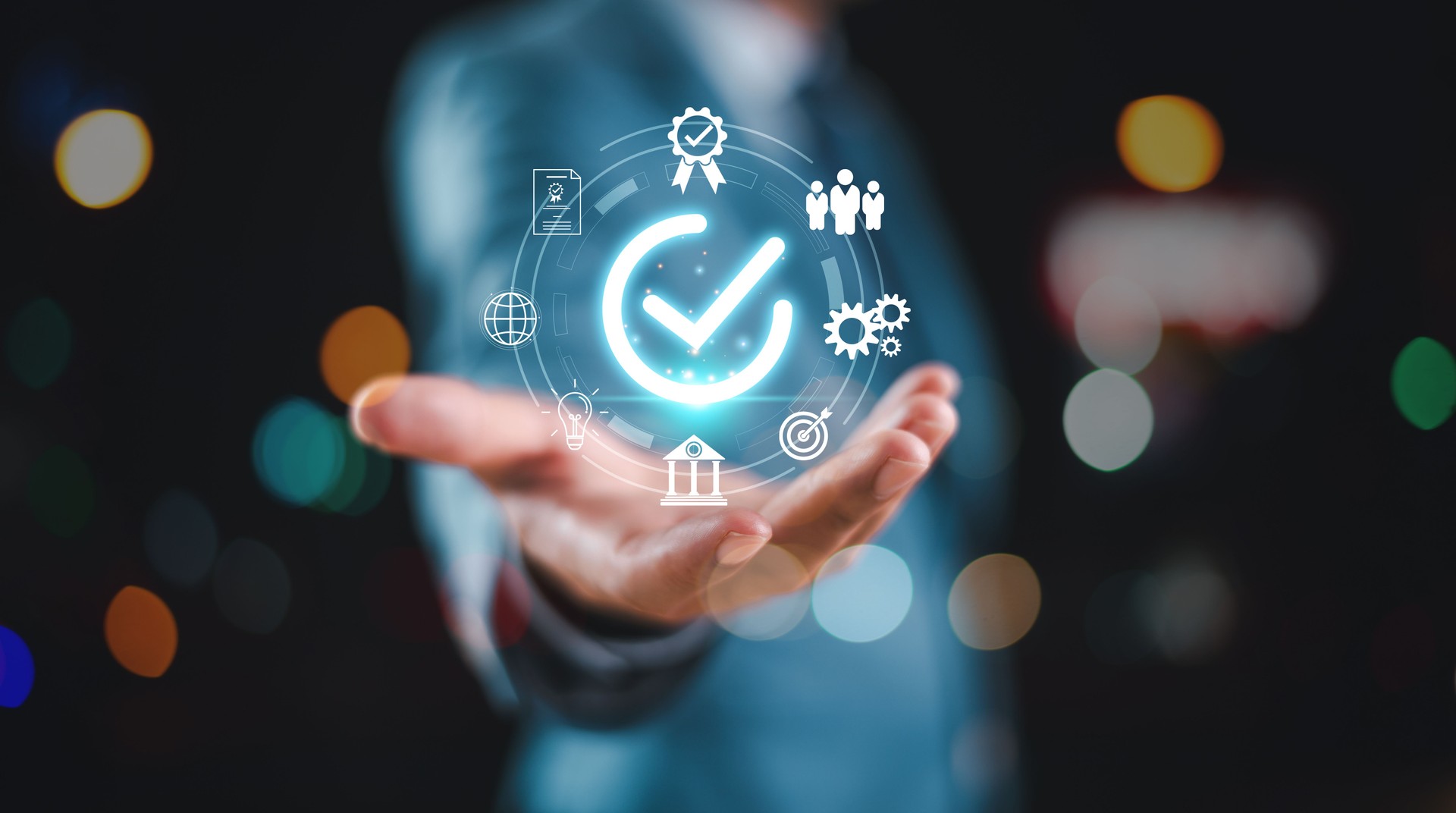 Client-focused compliance support concept with digital checkmark and service icons hovering above an open hand