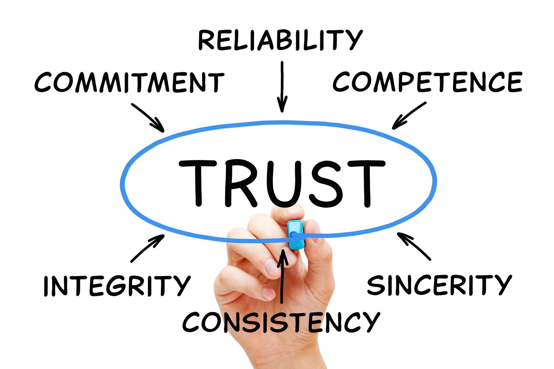 Trust concept diagram with keywords like reliability, integrity, and consistency surrounding a hand-drawn circle